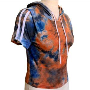 SJL Apparel Sporty Crop Top Hoodie Short Sleeve Tie Dye S/M Blue Orange‎ #18E